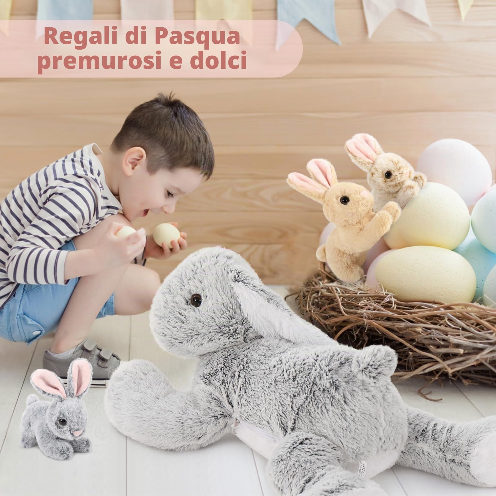 MorisMos Coniglio Peluche Gigante, 60cm Mom Coniglio con 3 Kawaii Bebè Grigio Easter Bunny Teddy Morbido Animali di Peluche Grande Regalo per Ragazzi Ragazze Fidanzata Pasqua Compleanno Deco