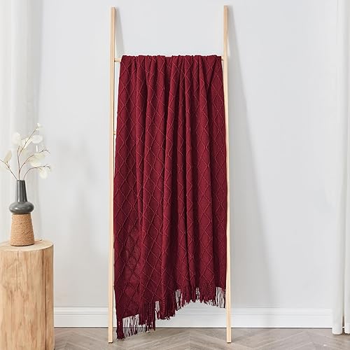 Miniatura 5 de inhand Mantas de punto para sofá y cama, manta de punto suave y acogedora con borla, mantas decorativas ligeras y mantas decorativas, manta tejida