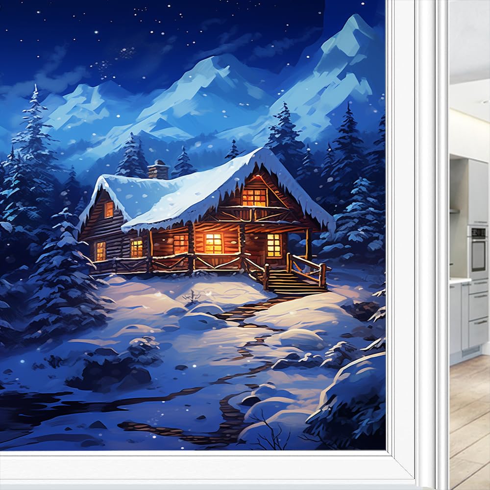 Watercolor Log Cabin Heat Control Window Privacy Film Rustic Woods Snowy Night Scene Window Film Static Cling Window Glass Covering for Home Office 45x60 cm