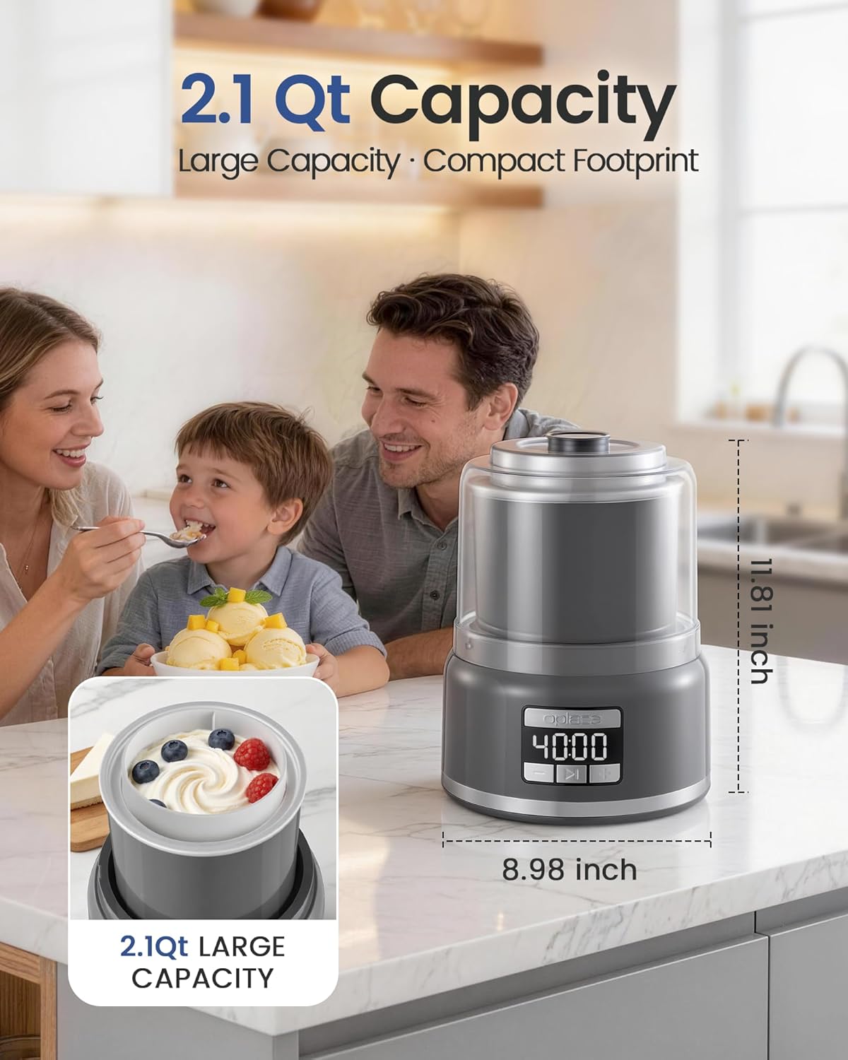 Countertop Ice Cream Maker Machine (2.1 Qt), Commercial Sorbet and Frozen Yogurt, Powerful Bottom Mix Motor with Digital Timer & Fast Cooling Aluminum Pot, Visible Feeding Port (Ash Gray)