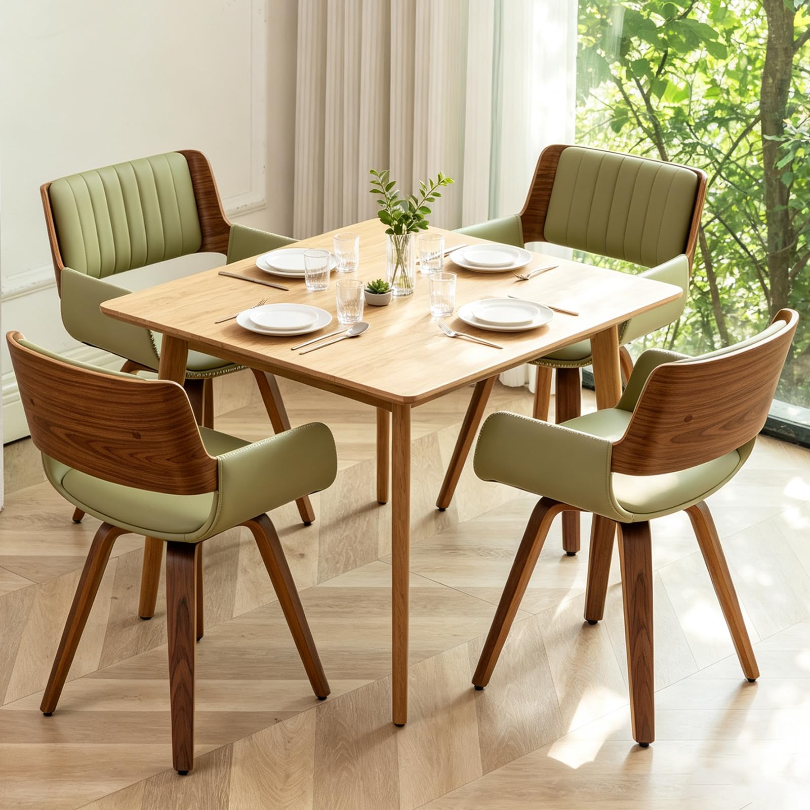 Swivel Accent Green Faux Leather Wood Legs Dining Chairs Set of 4 with Arms