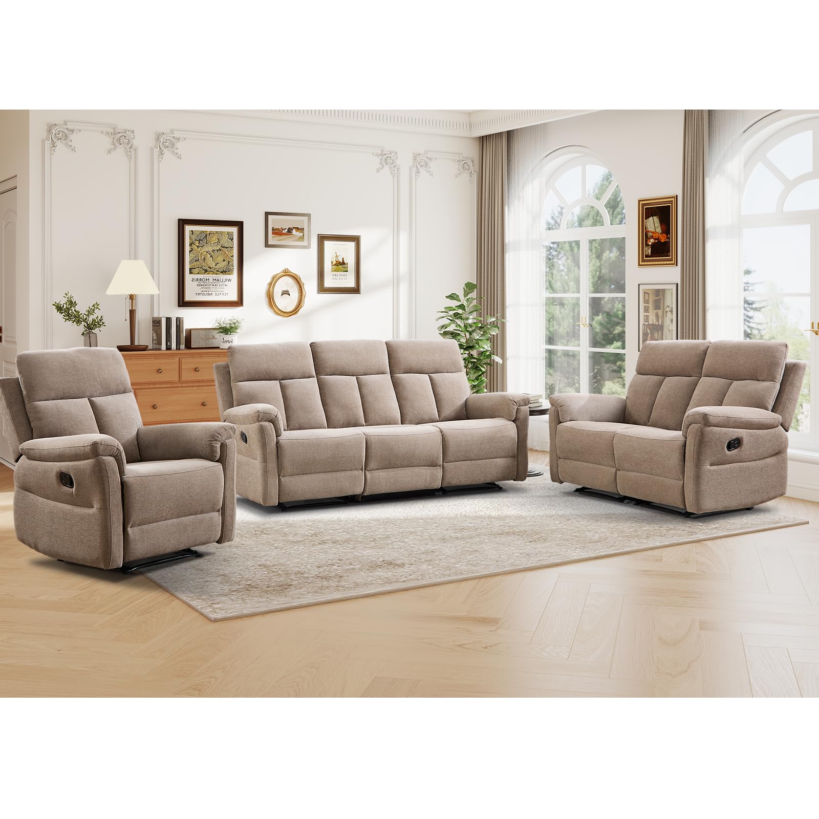 ANJ 3-Piece Manual Recliner Sofa Set, Recliner Chair, Reclining Loveseat and 3-Seat Sofa with Overstuffed Backrest and Supportive Backrest, Fabric Reclining Couch Set for Living Room, Camel