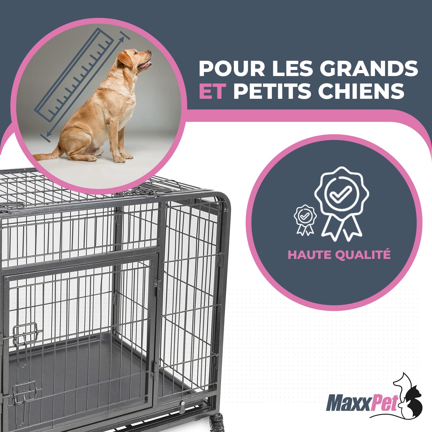 MaxxPet Cage pour Chien - Cage Pliable en Métal pour Chien - Caisse De Transport pour Chien XXL - avec Plaid Luxueux et roulettes - Convient pour Le Transport - 94x58x70 cm - Gris