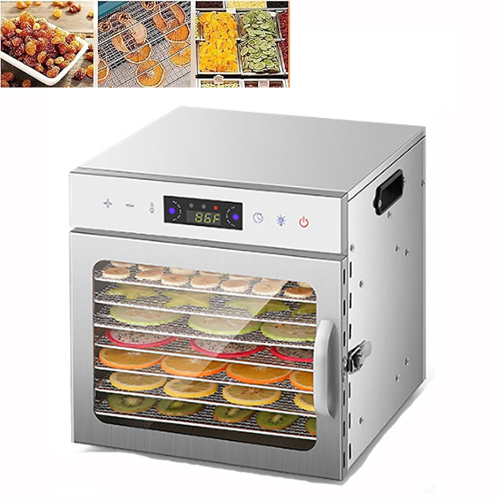 Máquina Secadora De Alimentos con Bandejas De 8 Capas, Máquina Secadora Frutas Acero Inoxidable con Ventana Visualización Transparente, Ajuste Temperatura 30-90℃/Temporizador 24Horas