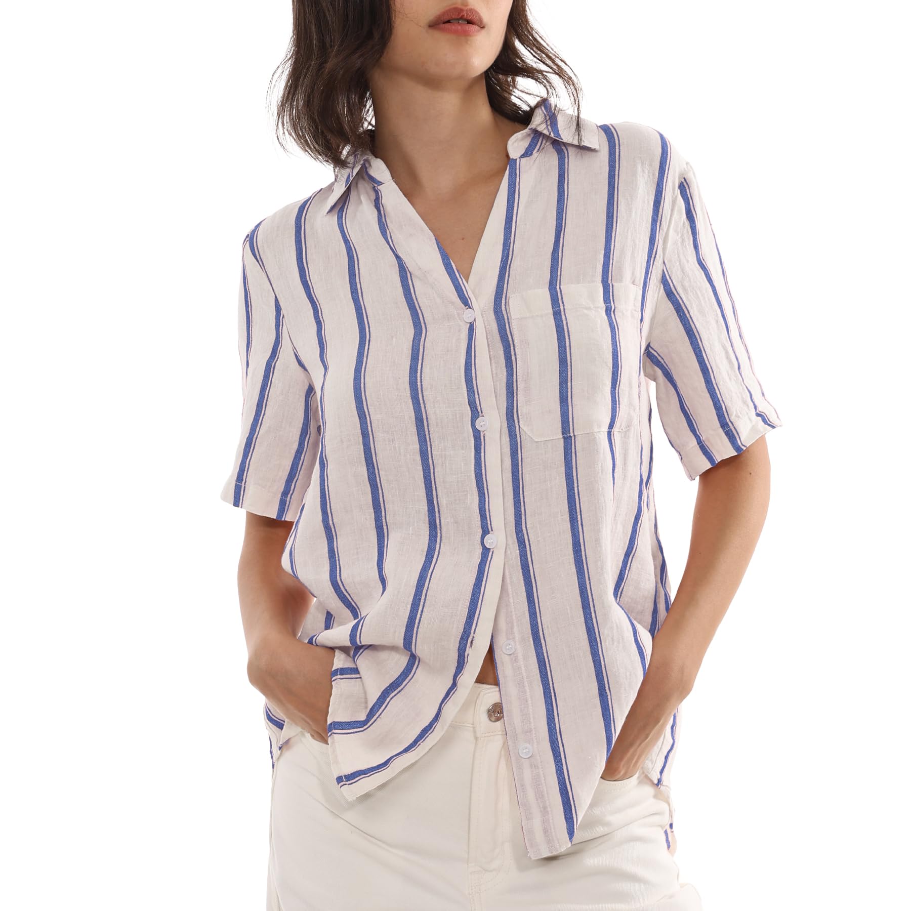 Amazhiyu Camicia da donna 100% lino estiva casual a maniche corte a righe abbottonata