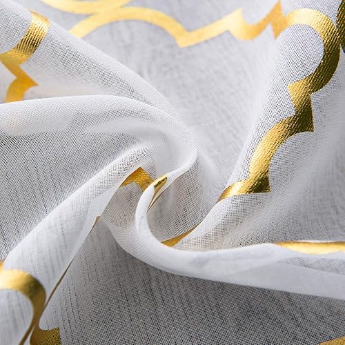 Miniatura 7 de YJ YANJUN Cortinas traslúcidas blancas de 84 pulgadas de largo cortinas de papel de enrejado dorado para sala de estar y dormitorio juego de 2