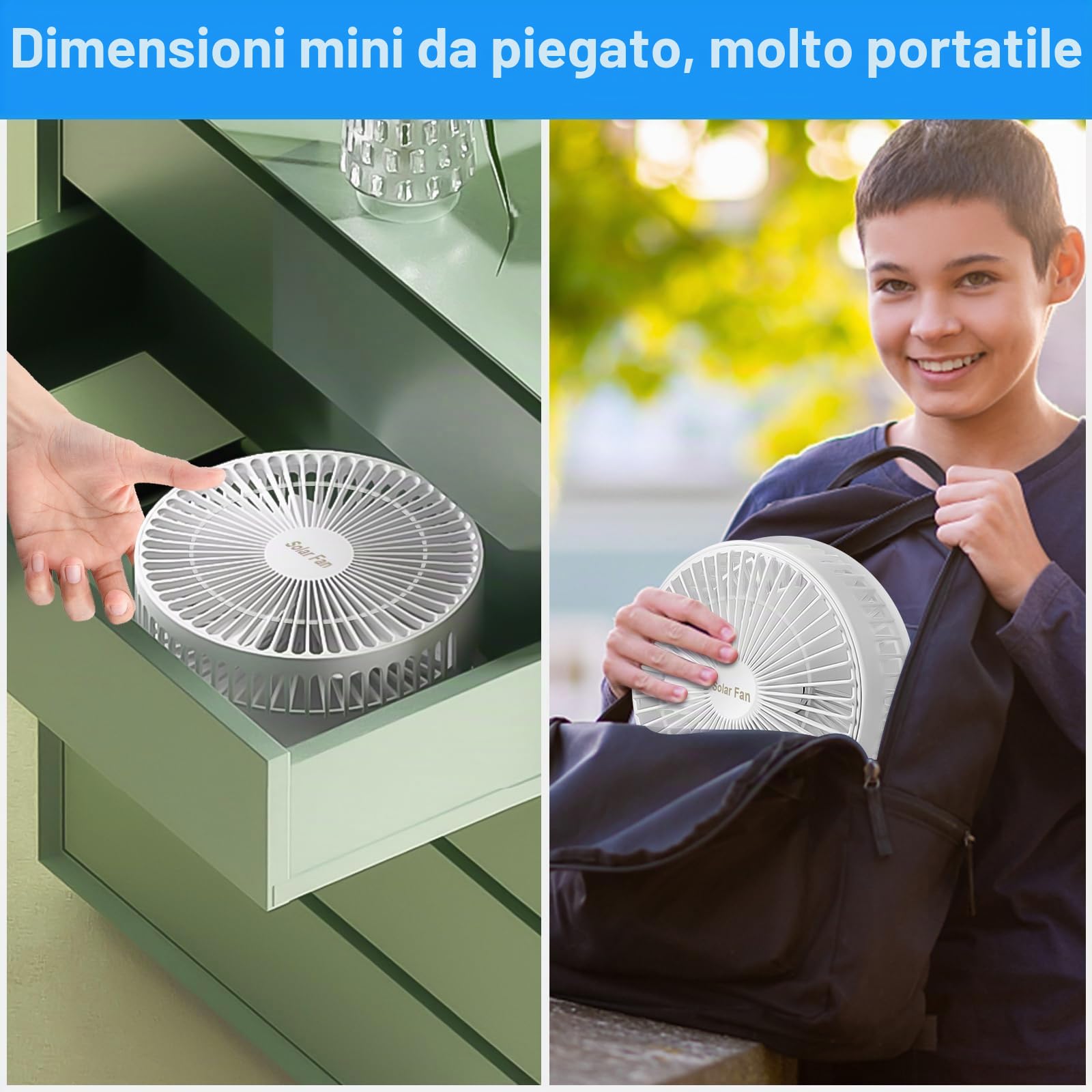Ventilatore a Piantana con Pannello Solare, 8" Silenzioso Portatile Ventilatore da Pavimento/Tavolo, 5200mAh USB Ricaricabile Fan, 3 Velocità, Altezza Regolabile, per Camera da Letto Ufficio Viaggio