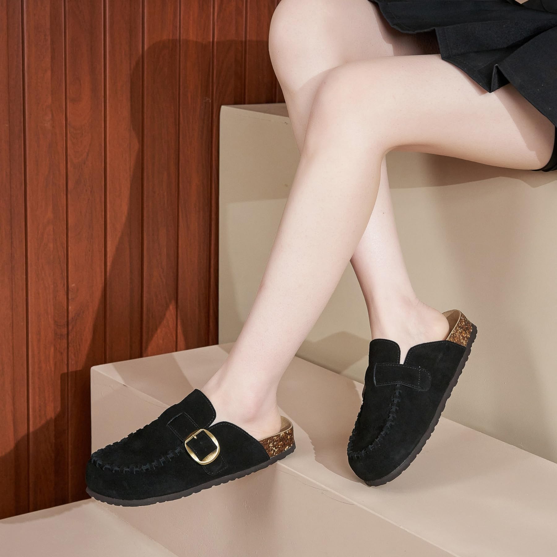 SMajong Zoccoli Uomo Sabot Donna Comode Pantofole in Pelle Ciabatte con Sottopiede in Sughero Scarpa con Fibbia Regolabile al Piede Gr.36-44 EU