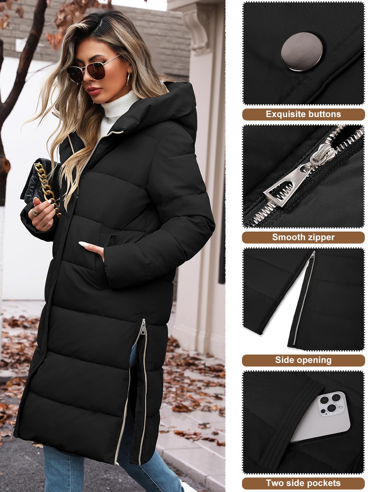Tuopuda Winterjacke Damen Wintermäntel Lang Winddichter Warm mit Kapuze Stehkragen Jacke Mantel Parka Übergangsjacke Winterparka Steppmantel Herbst Winter Outdoorjacke