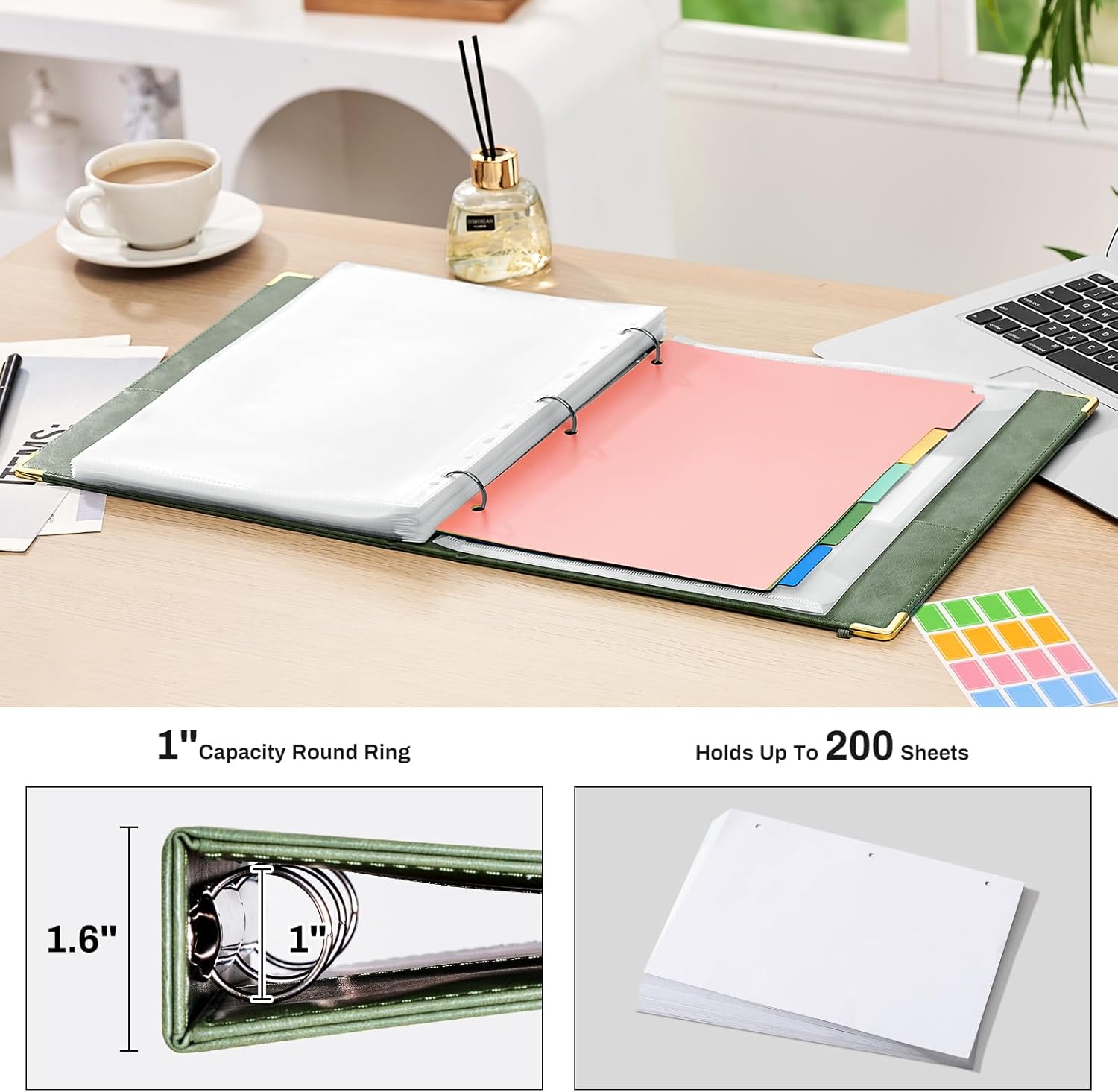 Ovesmusl 1 Inch 3 Ring Binder with Clipboard Leather Round Ring Binder with 5 Dividers, Plastic Folder, 400 Divider Stikers, Fits 175 Sheets 8.5"x11" Letter Size Paper