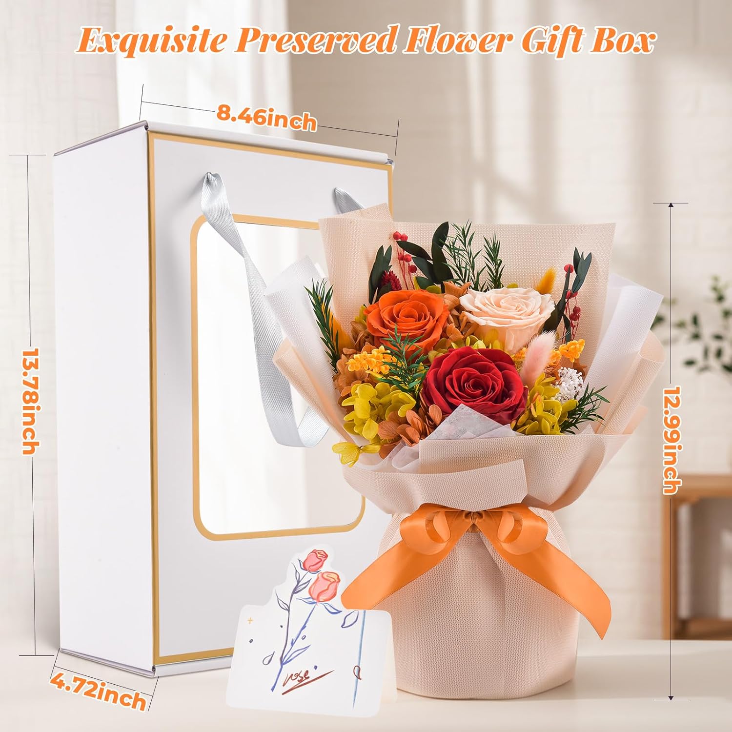 Preserved Flowers Bouquet, Flowers for Delivery,Handmade Orange Rose Bouquets Lasting 3-5 Years, Luxury Gift Box,Birthday Flowers Gifts for Women Mom Grandma Wife Friends - Image 5