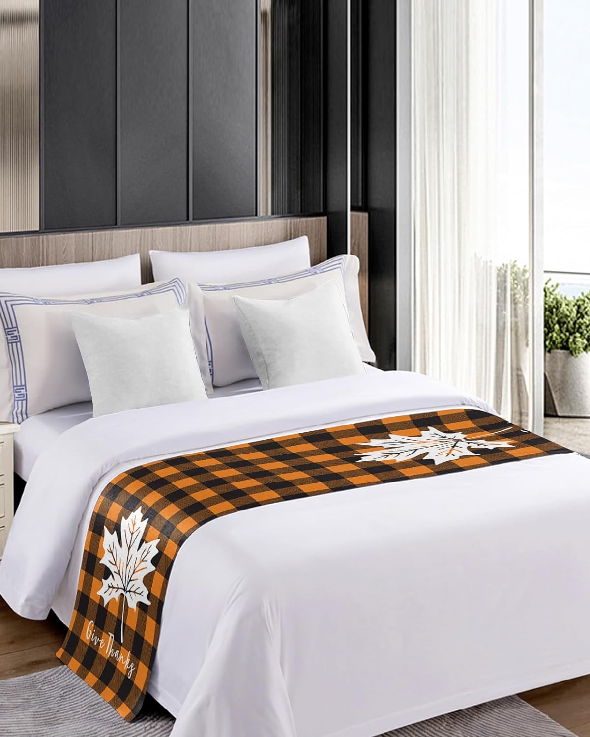Bed Runner Thanksgiving Day Bedroom Bedding Scarves for Full Size Bed, Orange Black Tartan 83x20In Bed Runners Scarf for Hotel Guestroom Wedding Room Decortions Autumn Maple Leaf