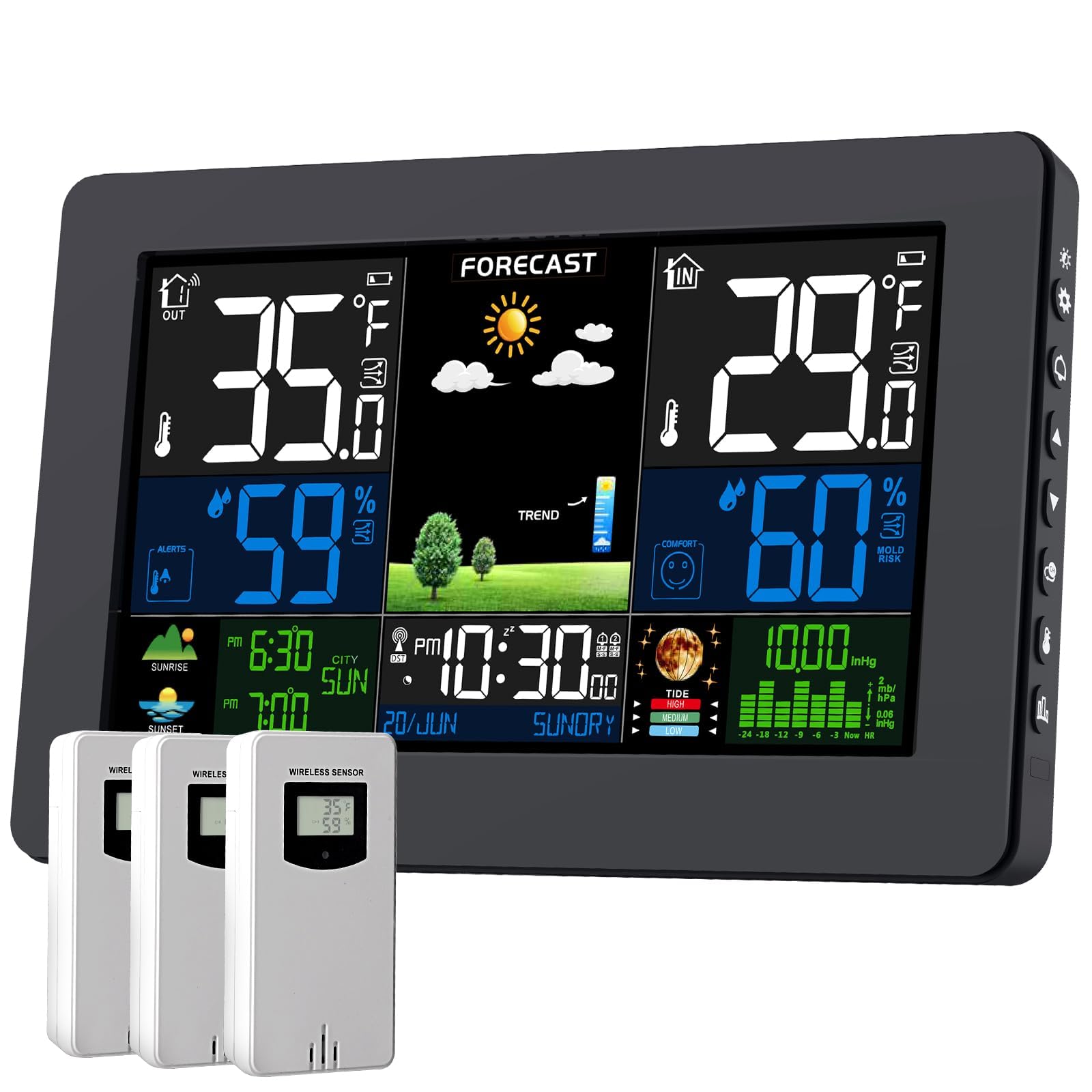 Stazione meteo wireless per interni ed esterni, termometro digitale per esterni con 3 sensori, ampio display, stazioni meteo domestiche con previsioni meteo, orologio atomico, pressione barometrica