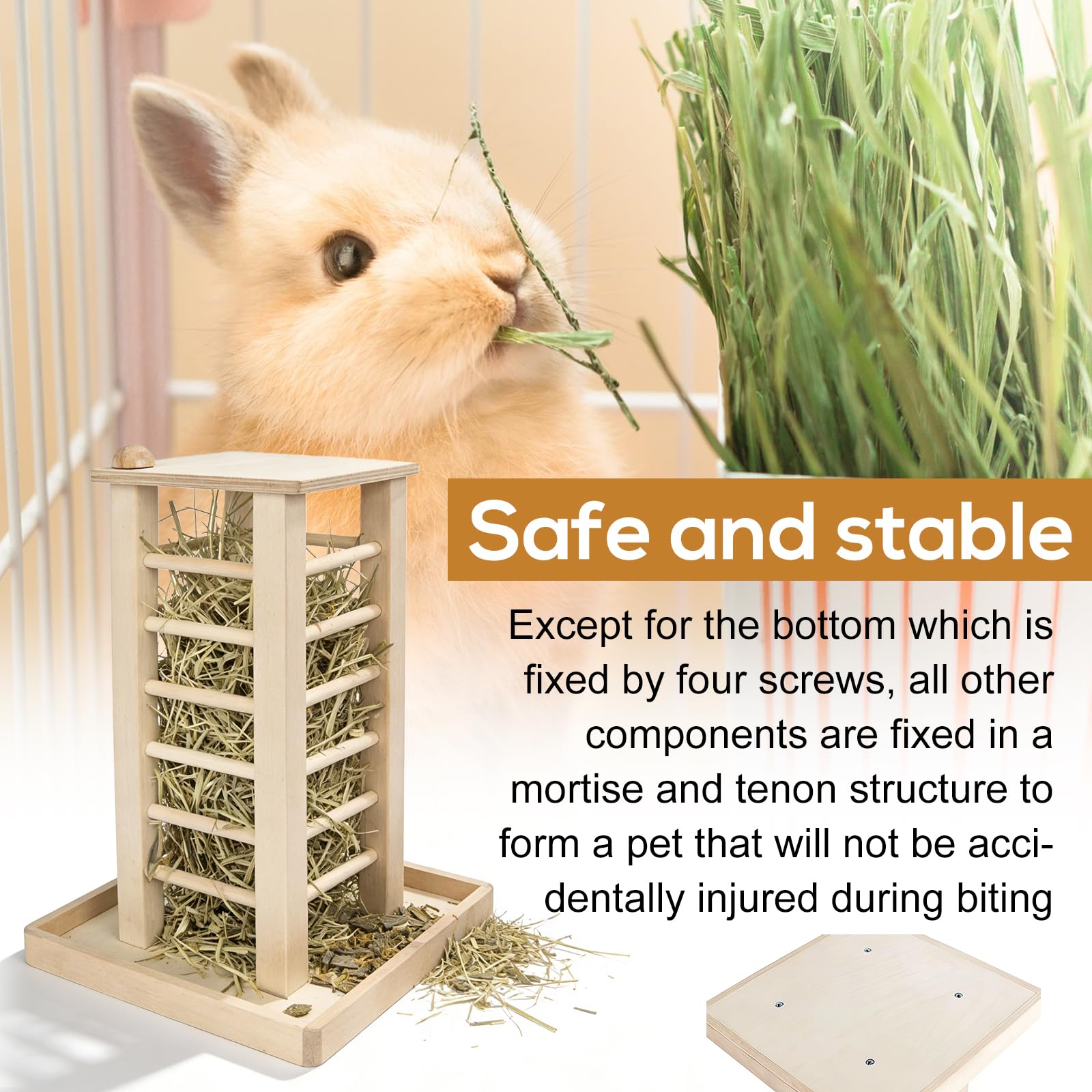 Comedero para conejos, comederos de heno, 36,5 x 24,5 x 16,5 cm, comedero de madera para mascotas pequeñas, conejos, chinchilla, soporte estable en forma de cubo