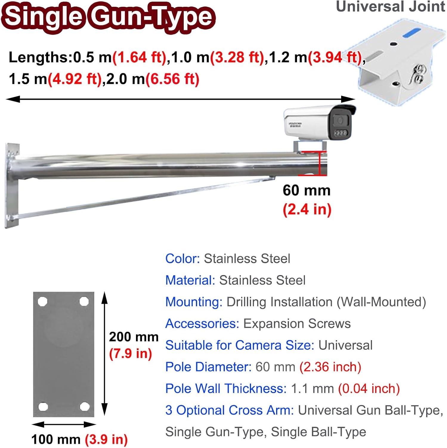 Universal Stainless Steel Camera Pole, 1.2m Weatherproof Mount for Gun/Ball/Dome Surveillance, Perfect for Traffic & Gas Station Security Solutions