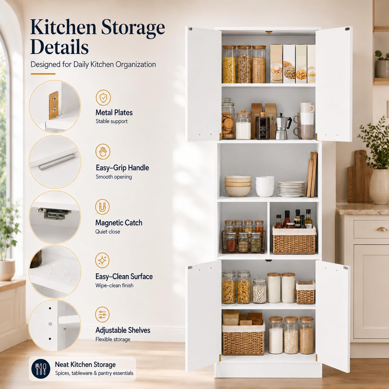 Armario Multiusos Blanco con 4 Puertas, Mueble Auxiliar de Cocina y Armario Despensa, Armario Oficina con Estantería, Armario 60 cm Ancho y 40 cm Profundidad