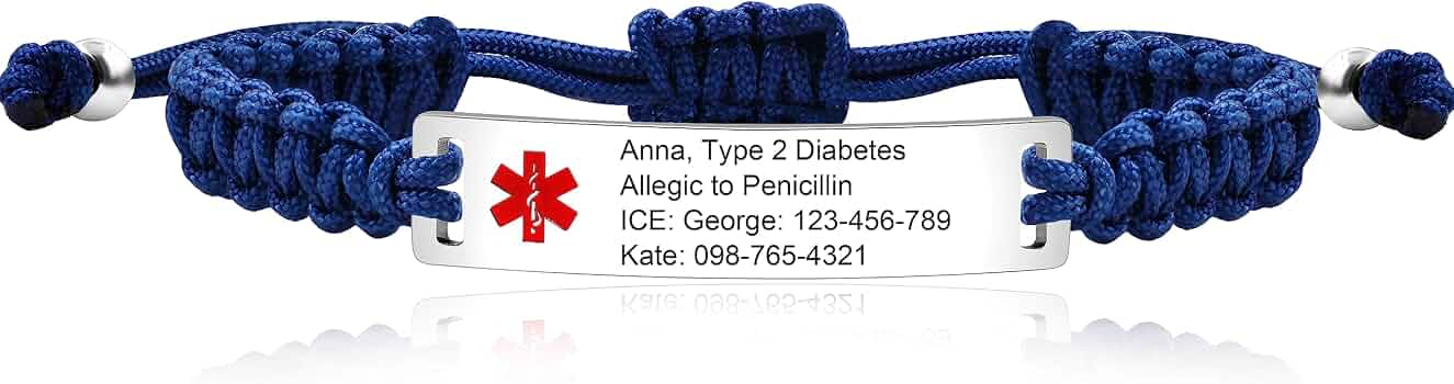 Uloveido Braccialetto di emergenza personalizzato con allarme medico in acciaio inox, elegante bracciale a catena cubana per donne e uomini, Adjustable, Acciaio inossidabile, Nessuna pietra preziosa