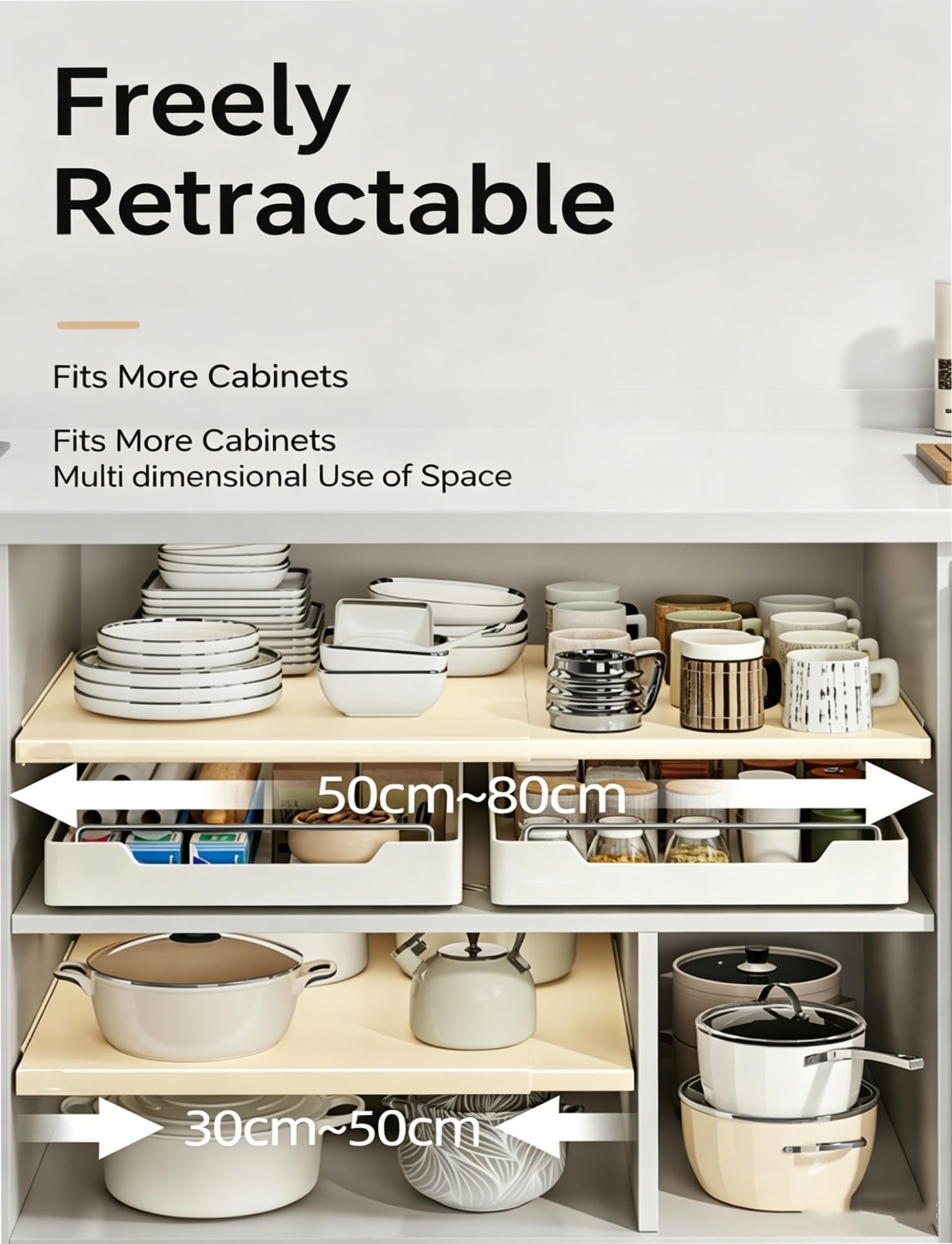 Organizer espandibile per armadietto, impilabile per cucina, design senza fori, larghezza regolabile da 11,8 a 50 cm, profondità 42,9 cm, facile installazione