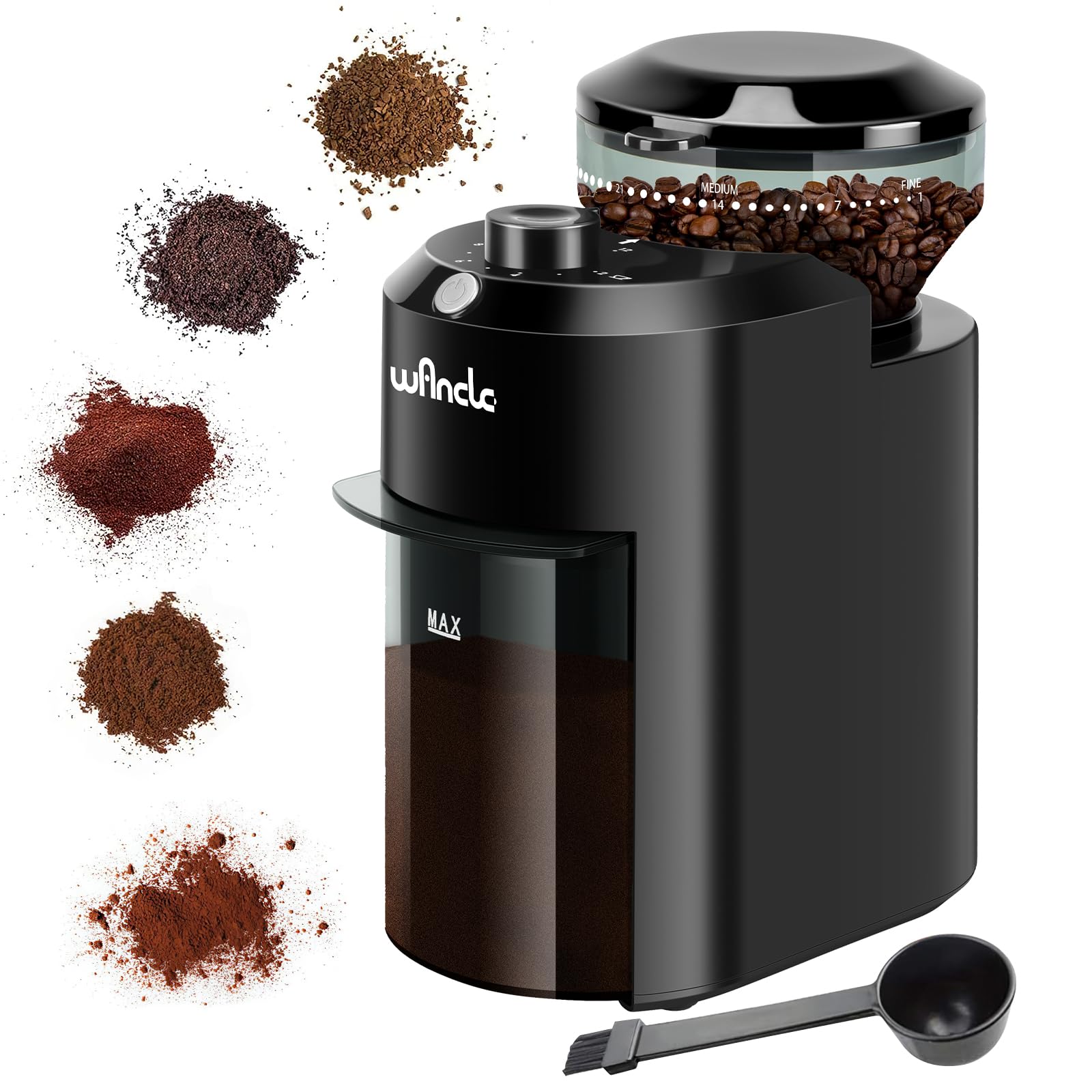 Wancle Elektrische Kaffeemühle - Einstellbarer scheibenmahlwerk kaffeemühle für Kaffeebohnen mit 28 Präzisen Mahlstufen - Perfekt für 12 Tassen, 220V