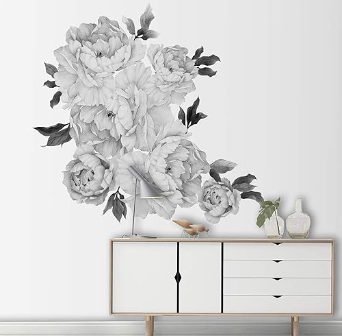 Miniatura 4 de Murwall Floral Peony Wall Decal Black and White Florals Removable Peel and Stick Monochrome Flower Bouqet Wall Sticker Livingroom Entryway