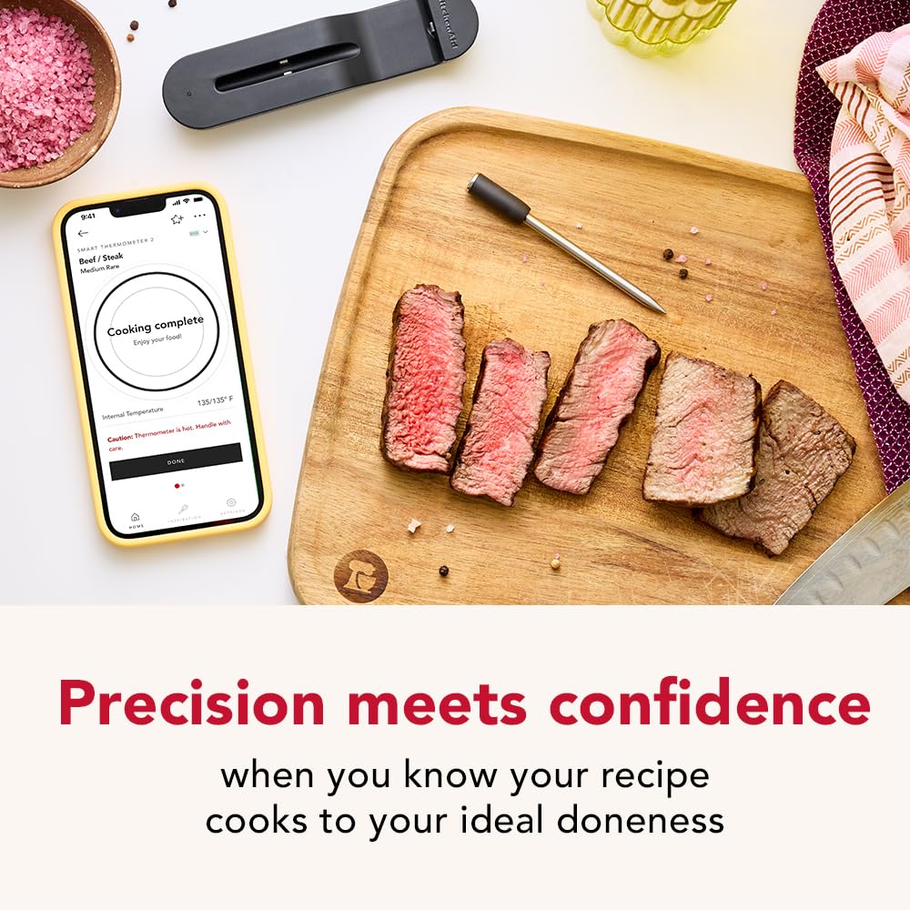 KitchenAid Smart Wireless Rechargable Thermometer, KTH11BM | Waterproof Design, Dishwasher-safe, Long-Range Bluetooth, Ideal for BBQ, grill, air fryer use