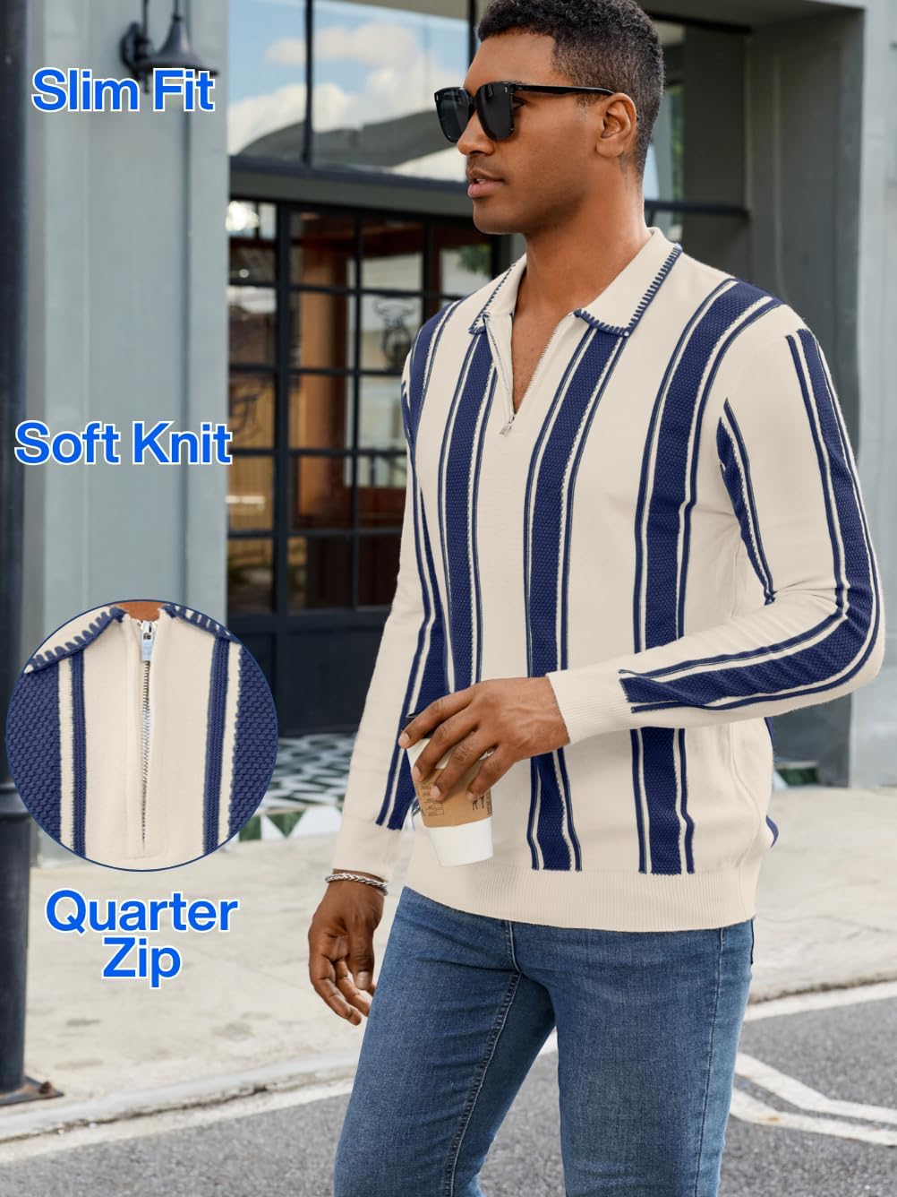Men's Slim Fit Lapel Quarter-Zip Polo, Striped Lightweight Knit Pullover for Casual Wear - Image 4