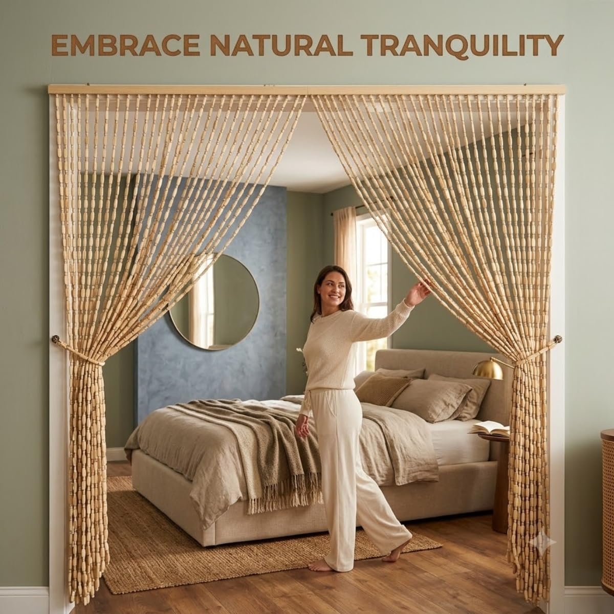 Rideau de Perles en Bambou Pour Maison Porte, Fait Main en Bois Naturel, Séparateur de Pièce, Protection Contre Les Insectes, Circulation de L'Air, Intimité Légère(Original Wood,70x200cm)
