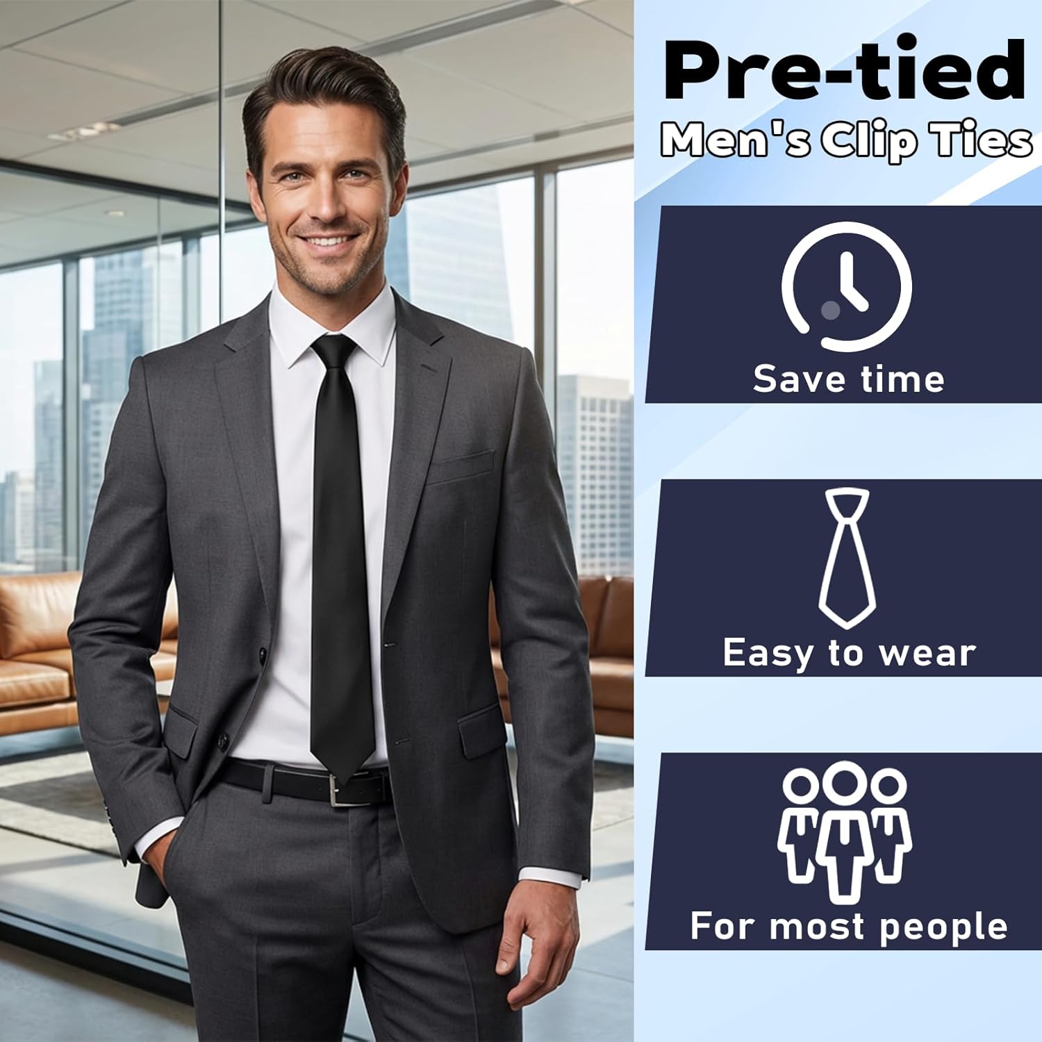 10 Pieces Men's Clip on Ties Bulk, 20 inch Solid Skinny Formal Neck Tie, Pre Tied Black Ties for Men, for Business Banquets Parties Weddings Office Uniforms - Image 3