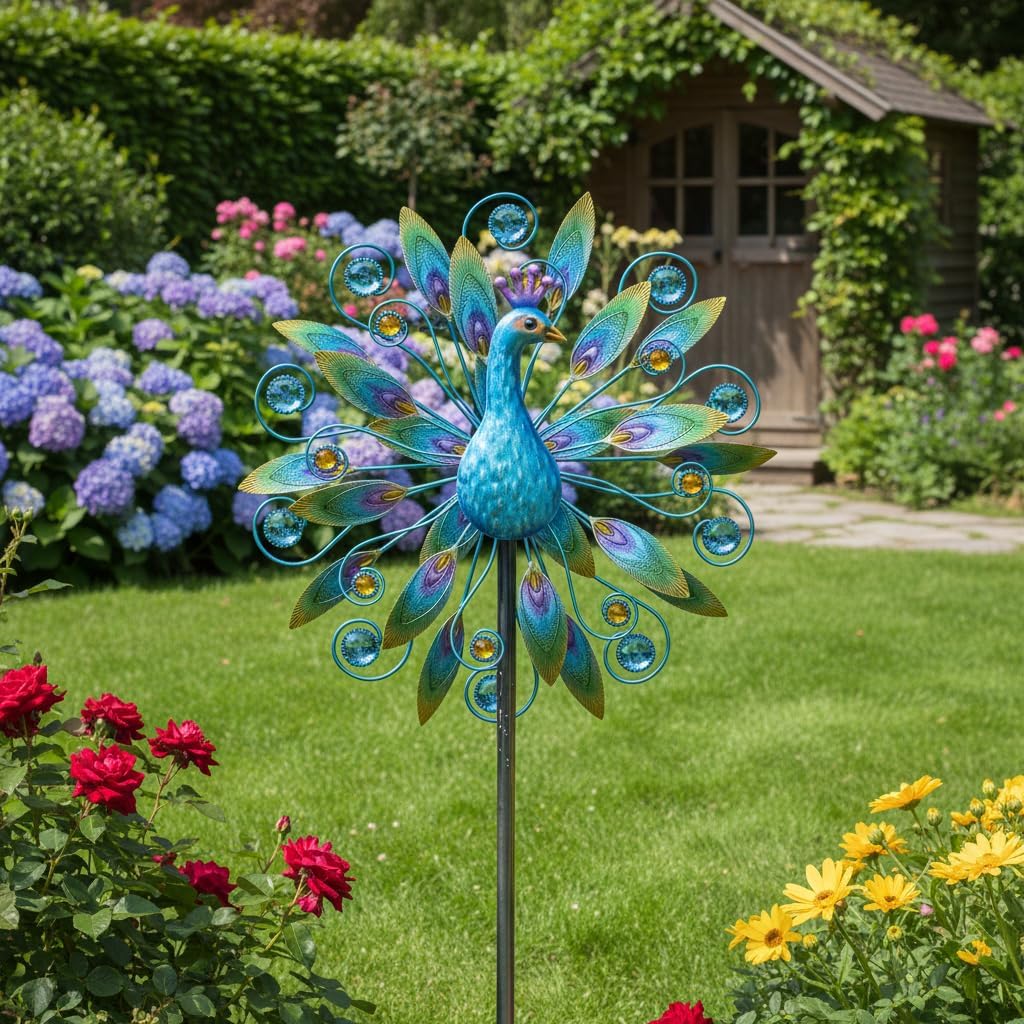 Outdoor Wind Spinner 58" Metal Peacock Wind Spinner Double Peacock Wind Sculpture for Garden Yard Patio Decoration