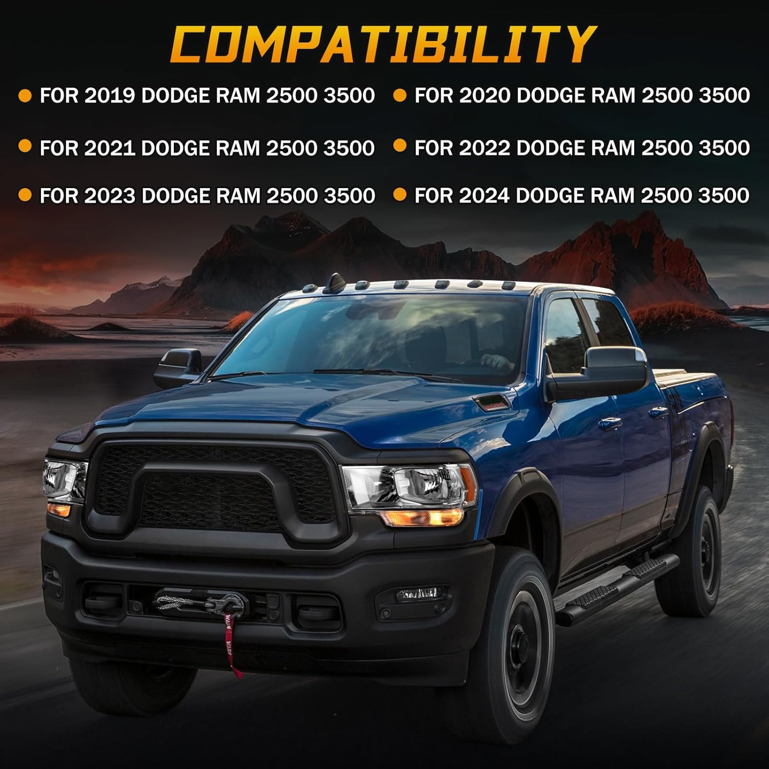 Chrome Halogen Headlights Assembly Compatible with 2019 2020 2021 2022 2023 2024 Dodge Ram 2500 3500 With bulb Left Driver Side Headlamp OE CH2502334 68360177AE 68360177AD