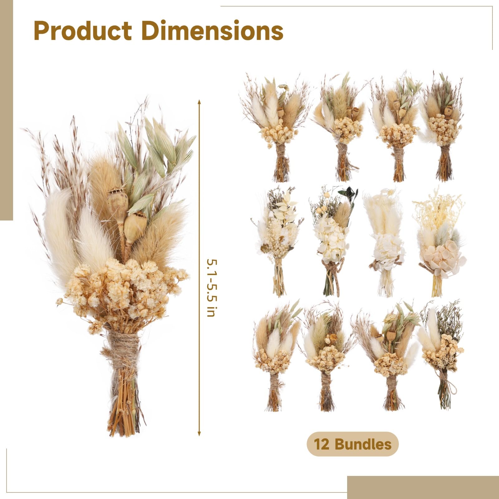 12 Mini Bouquets de Fleurs séchées, boutonnières de Mariage bohème, compositions Florales rustiques, Fleurs séchées Naturelles pour Loisirs créatifs, vases, nouées avec Ficelle de Jute