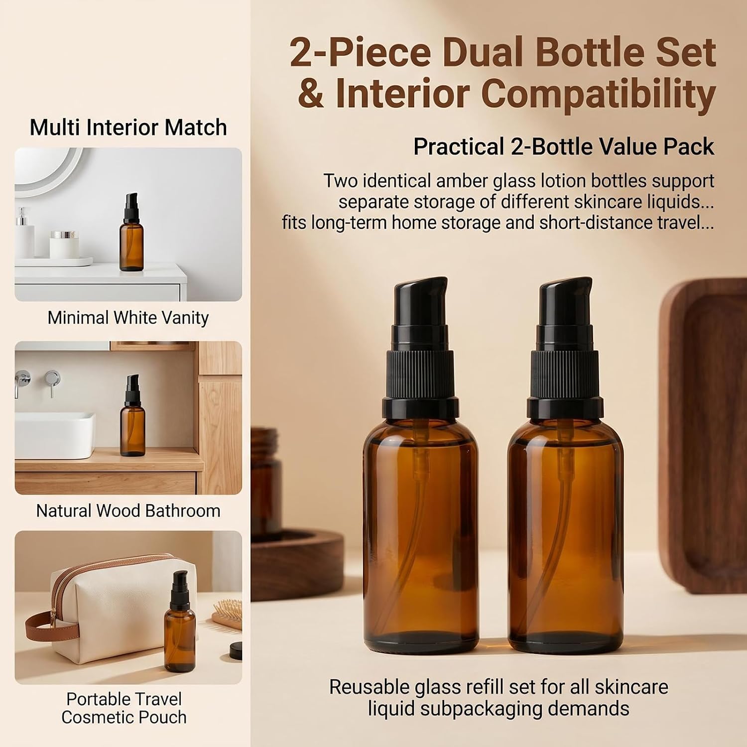 2Pcs 3.4oz/100ml Amber Glass Lotion Pump Bottles