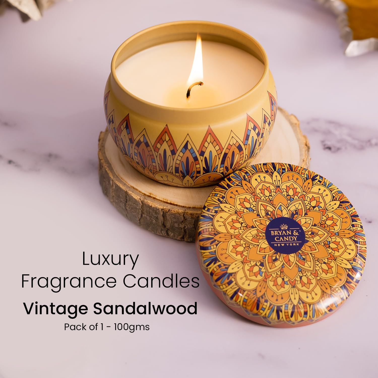 Bryan & Candy Duftkerzen Diwali Geschenkset für Frauen & Männer, Vintage Sandelholz Aromatherapie Kerzen, 100 g Sojawachs, umweltfreundlich bedruckte Dose