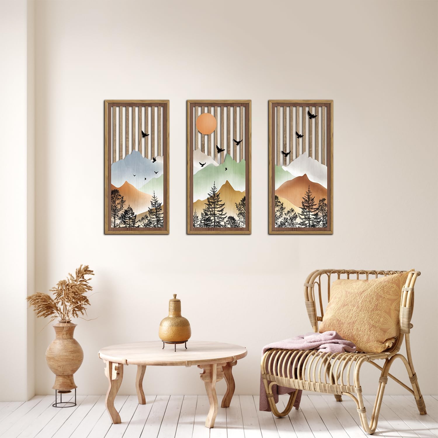 Celestdeco Berglandschaft Voegel Sonne Minimal Wandbild Natur 20x40cmx3