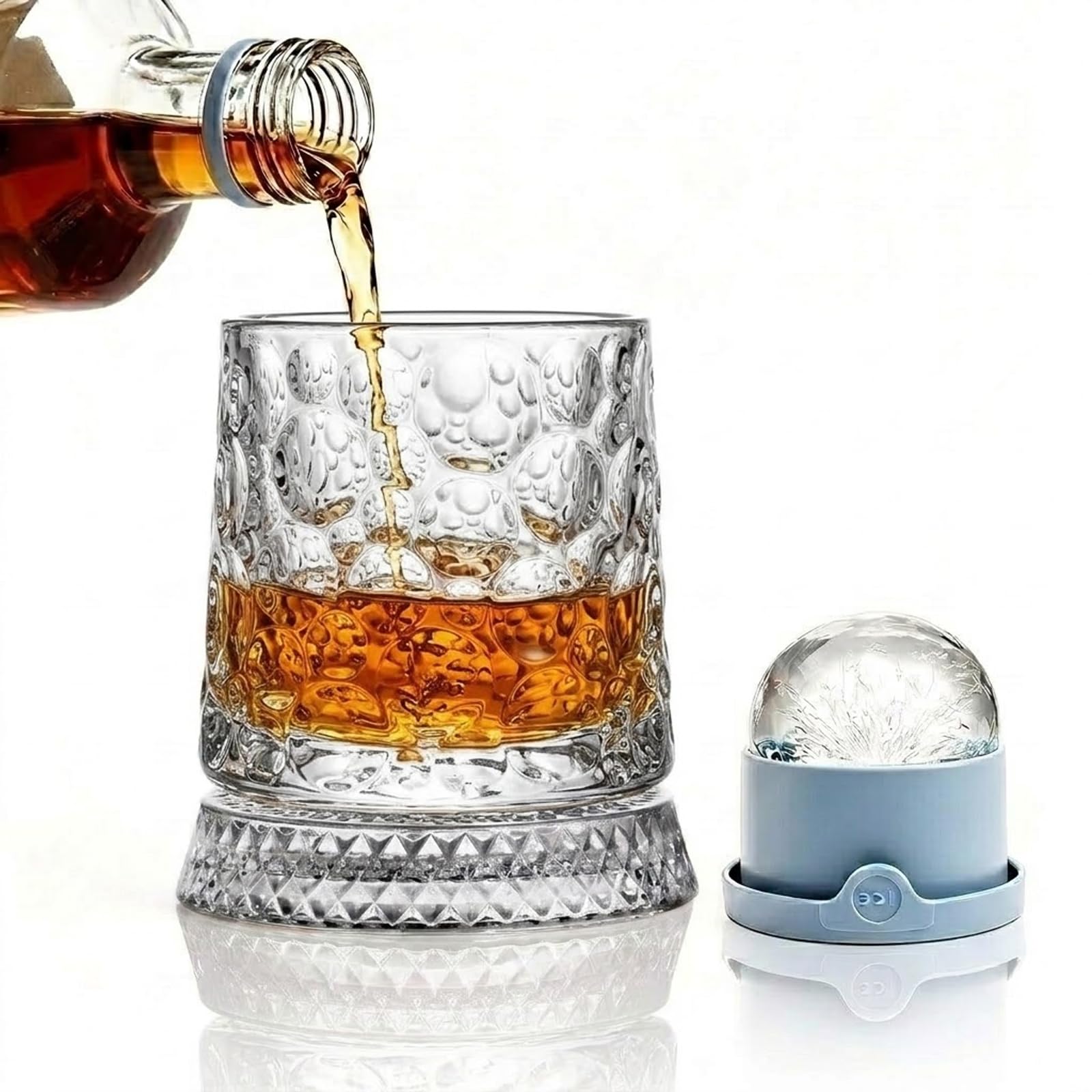 Bezvill Rotating Whiskey Glass with Large Ice Ball Mold, Single Spinning Crystal Bourbon & Old Fashioned Tumbler, 360° Kinetic Glassware for Home Bar, Unique Gifts for Men, Dad