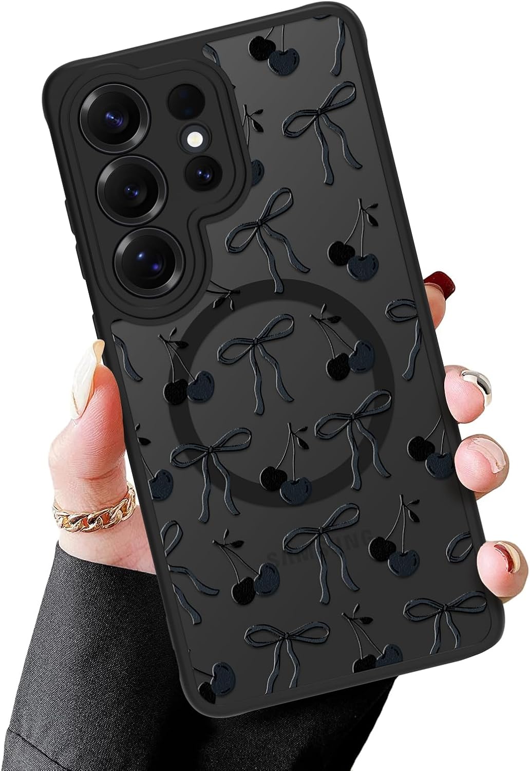 MZELQ Magnetic Case for Samsung Galaxy S26 Ultra, Clear Bow Cherry [Compatible with Magsafe Charging] Translucent Matte Hard Shockproof Camera Protection Cover for Women Men, Frosted Black