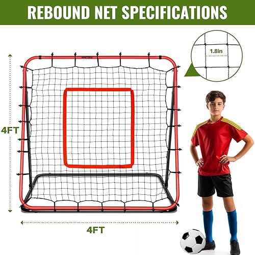 Miniatura 8 de Red de rebote de fútbol y equipo de entrenamiento de fútbol – Tabla de rebote ajustable de 4 x 4 pies para pases de precisión, disparo, primer toque
