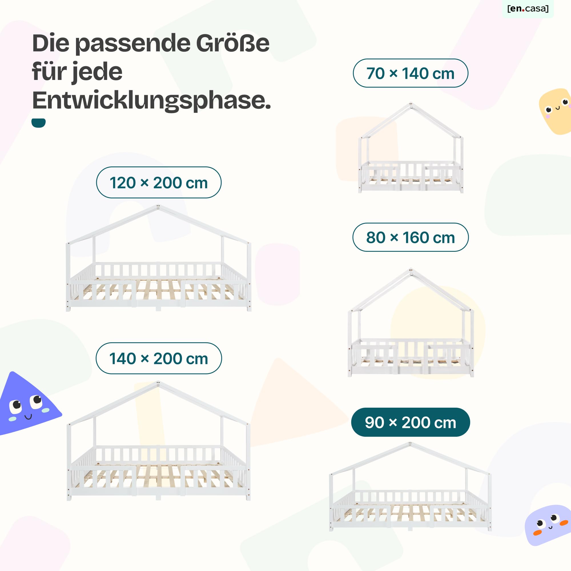 [en.casa] Kinderbett Treviolo 90x200 cm Weiß | Hausbett, Montessori, Holzbett für Kinder, Bettgestell mit Lattenrost, Kiefernholz