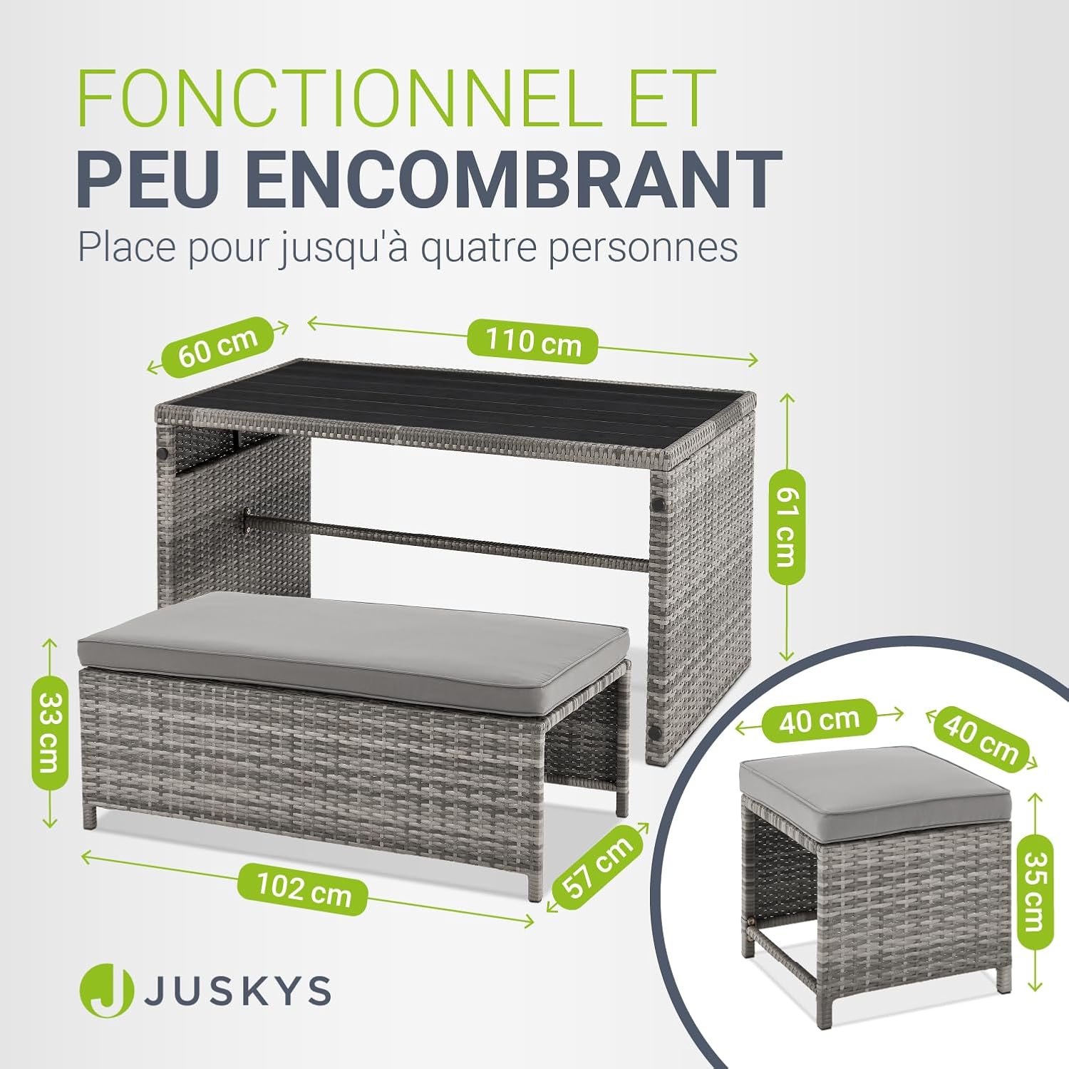 Dimensions of the Juskys Jamaika 2-in-1 Garden Furniture Set