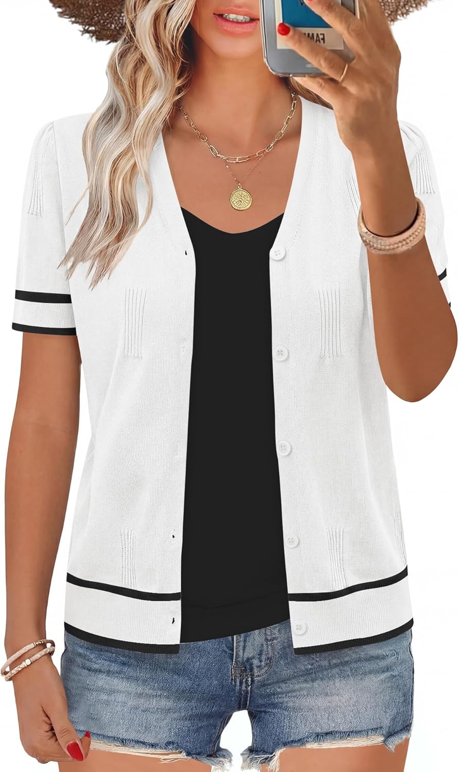 AKEWEI Womens Cardigan Sweaters V Neck Short Sleeve Lightweight Knit Cropped Cardigans Bolero Shrug