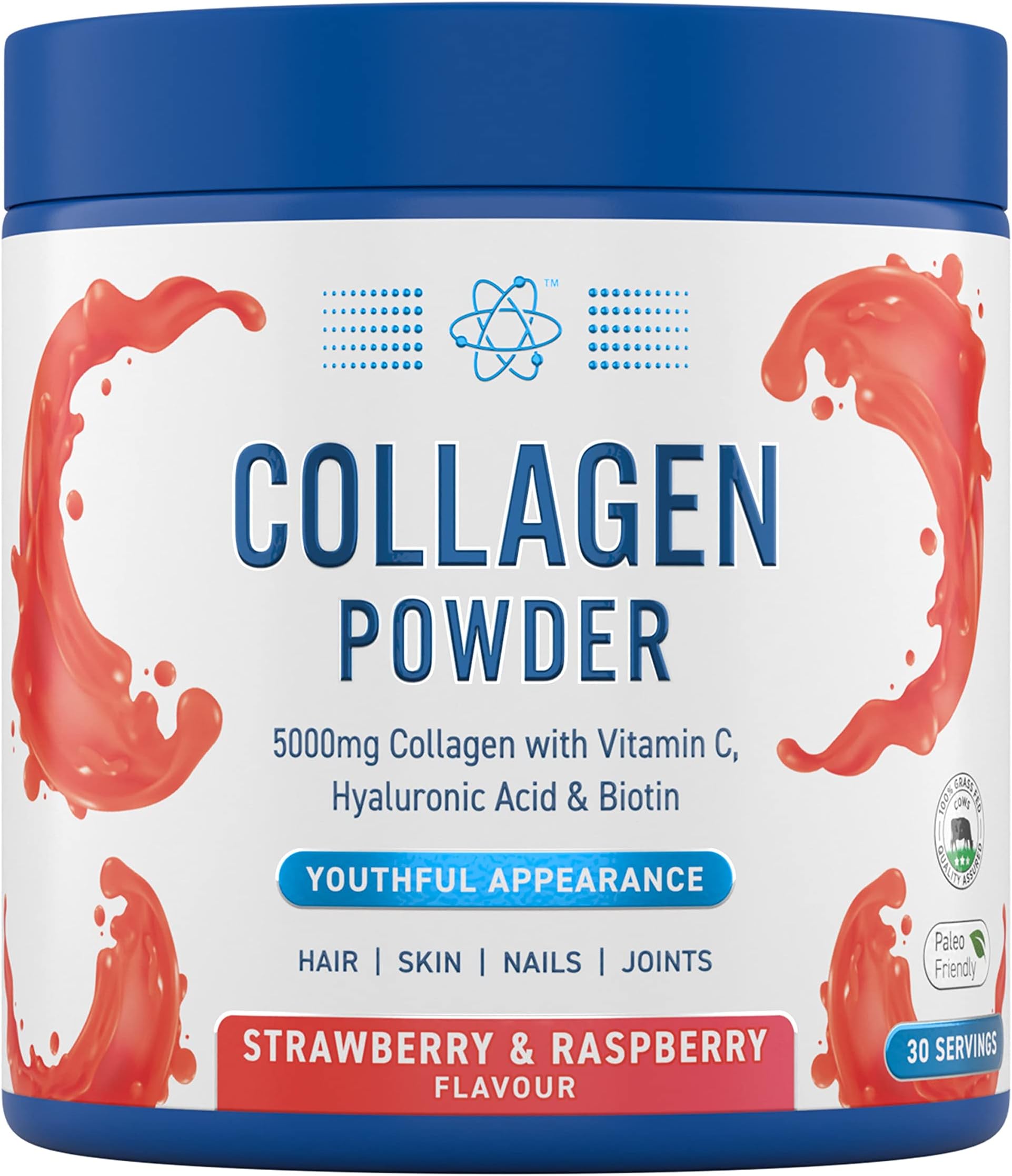 Collagen Powder - Strawberry & Raspberry Flavour - 5000mg Hydrolysed Bovine Flavoured Collagen Peptides with Vitamin C, Hyaluronic Acid & Biotin (165g - 30 Servings)