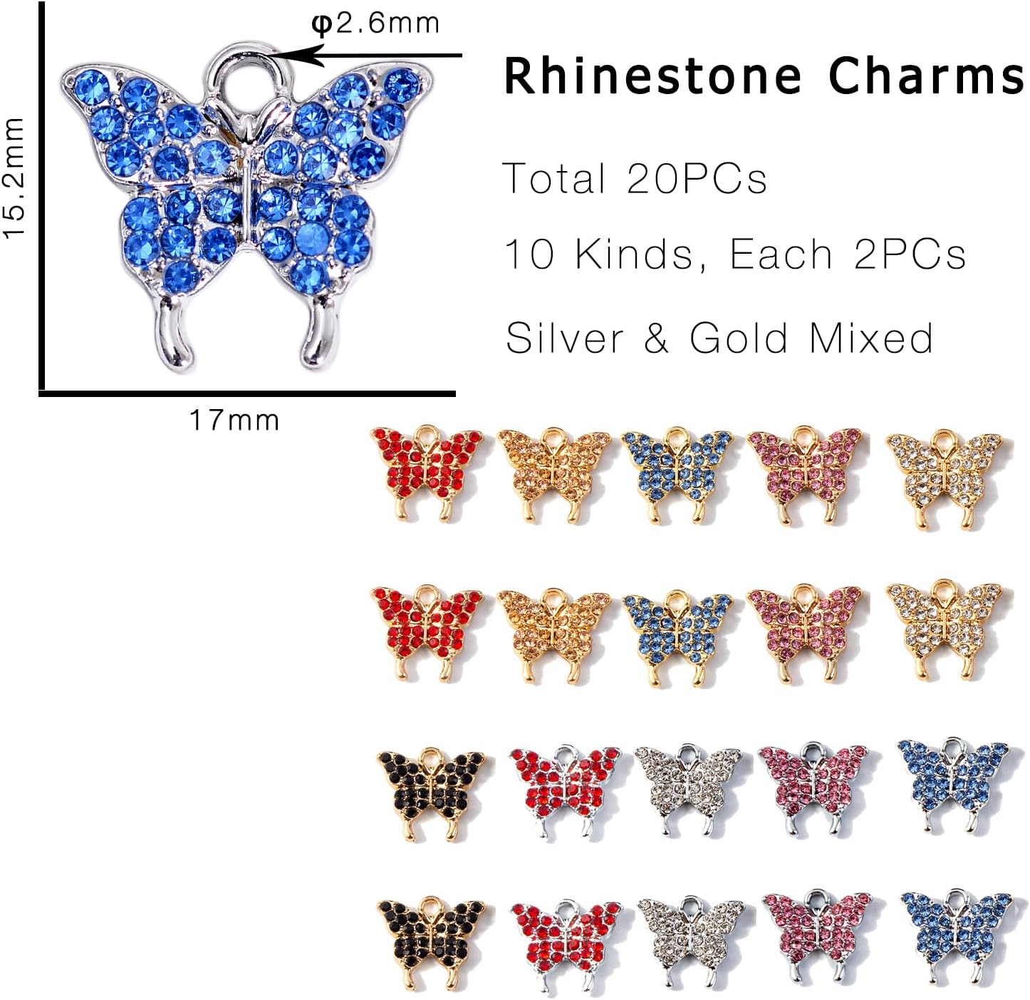 20Pcs/16Pcs Paired Rhinestone Metal Charms for Jewelry Making, Mixed Color, Silver & Gold Plated Metal Charms for Earrings, Bracelets & Necklaces - Image 2