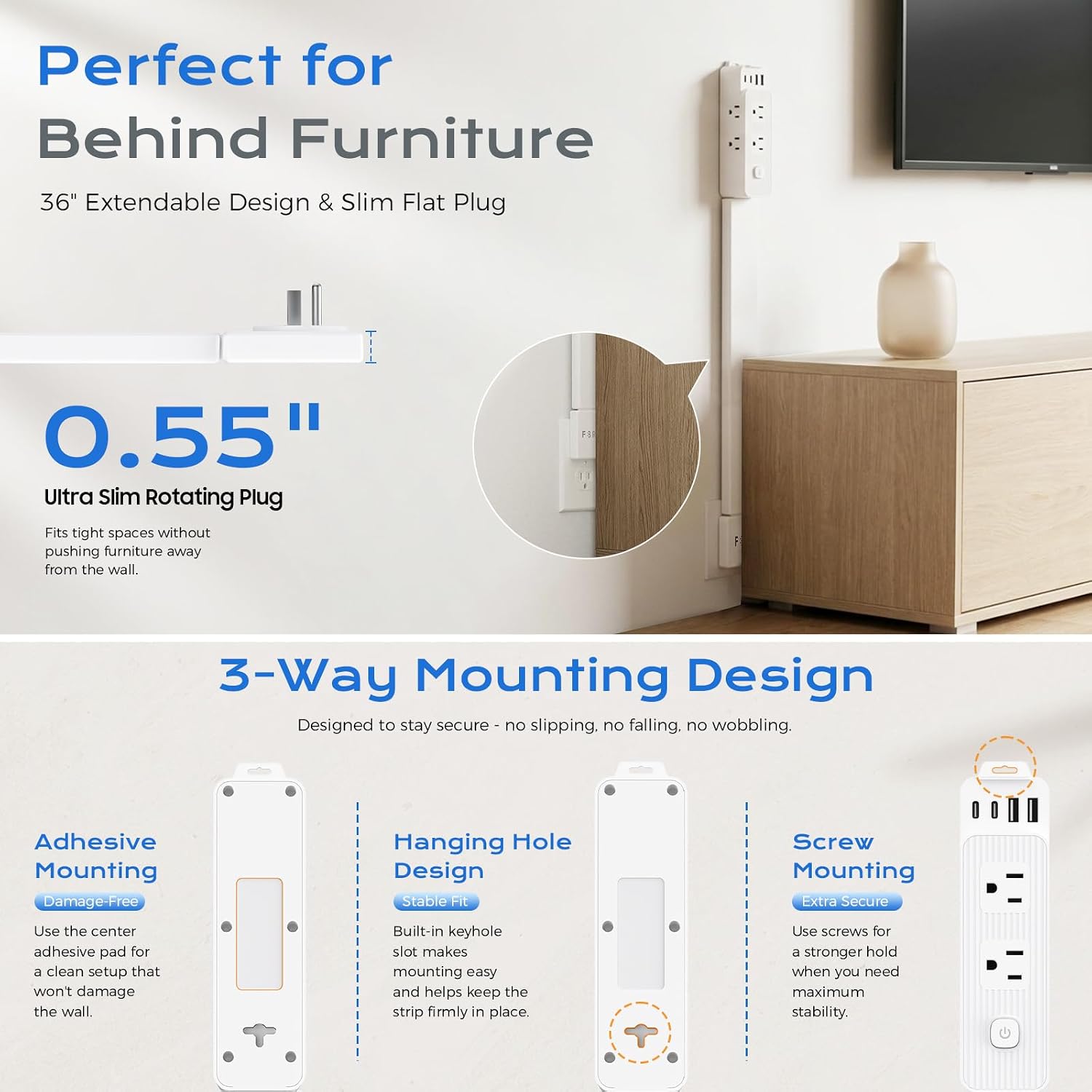 Electrical Outlet Extender Stick with Surge Protection, 6 AC Outlets & 4 USB Ports, Adjustable 24"-36" Outlet Extender Stick with 180° Rotating Flat Plug for Bedroom, Couch, Desk & Dorm