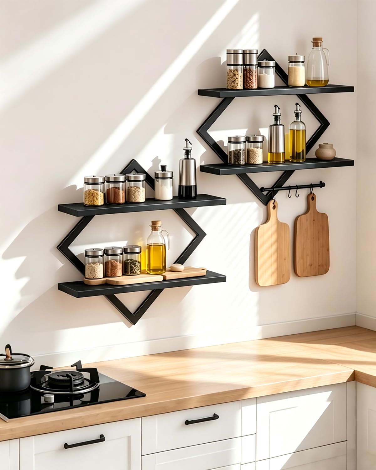 Wandregal 2er Set, Schweberegal mit Metallrahmen 38 cm, 2-stöckiges Hängeregal für Badezimmer, Wohnzimmer, Küche, Home Office (Schwarz)