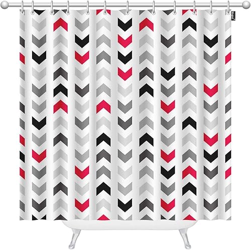 Mugod Cortinas de ducha con patrón de cheurón, flechas grises rojas y negras sobre fondo blanco, cortina de ducha decorativa de tela impermeable con