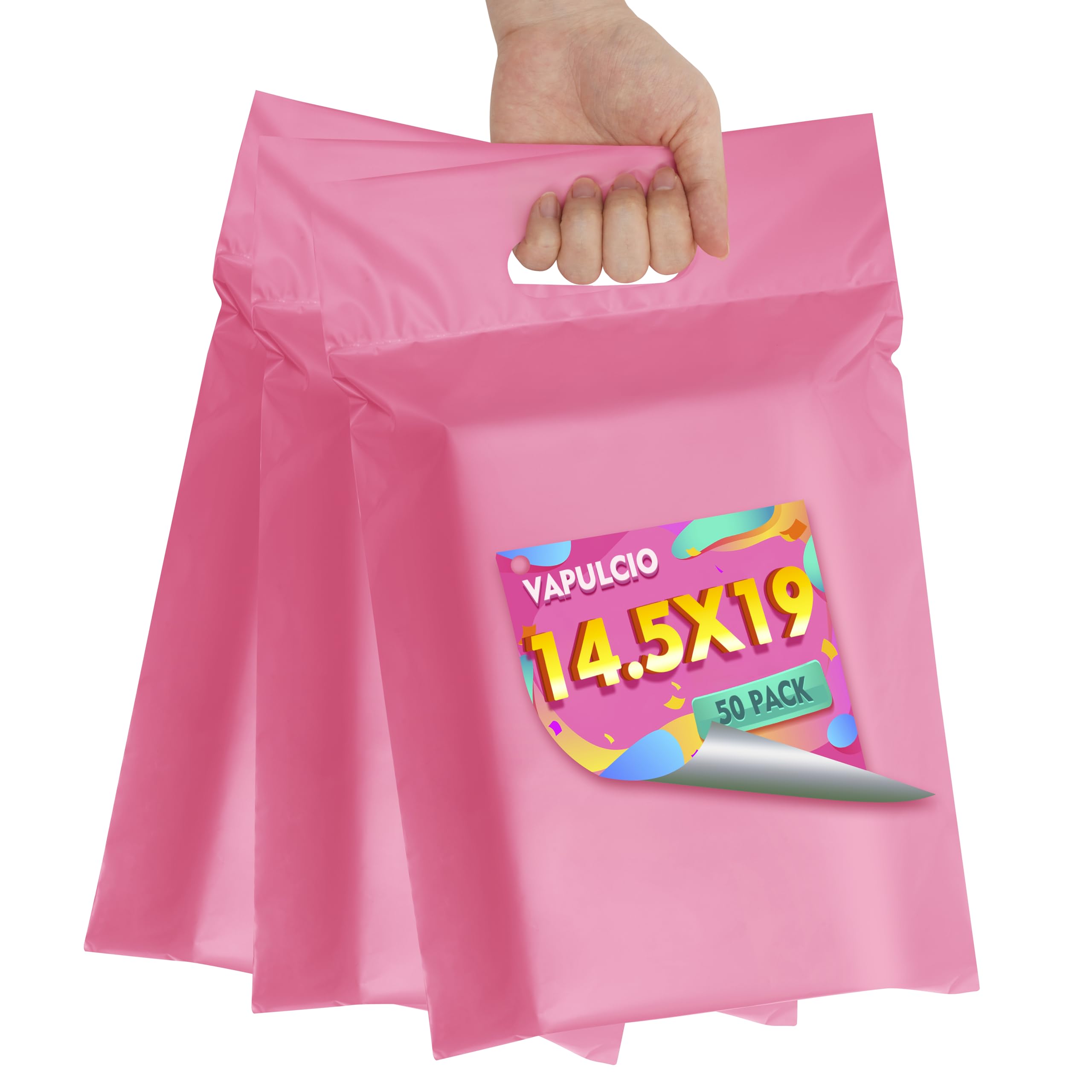 Vapulcio Poly Mailers 14.5x19 inch 50 Pcs, Pink Mailing Envelopes with Handle, Easy to Carry and Self Adhesive Shipping Bags for Clothing, Upgrade