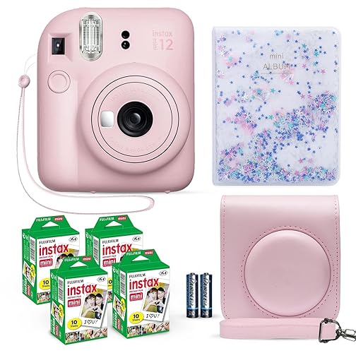 Fujifilm Instax Mini 12 Instant Camera Blossom Pink + Fuji Film Value Pack (40 Sheets) + Shutter Accessories Bundle, Incl. Compatible Carrying Case, Quicksand Beads Photo Album 64 Pockets - Blossom Pink