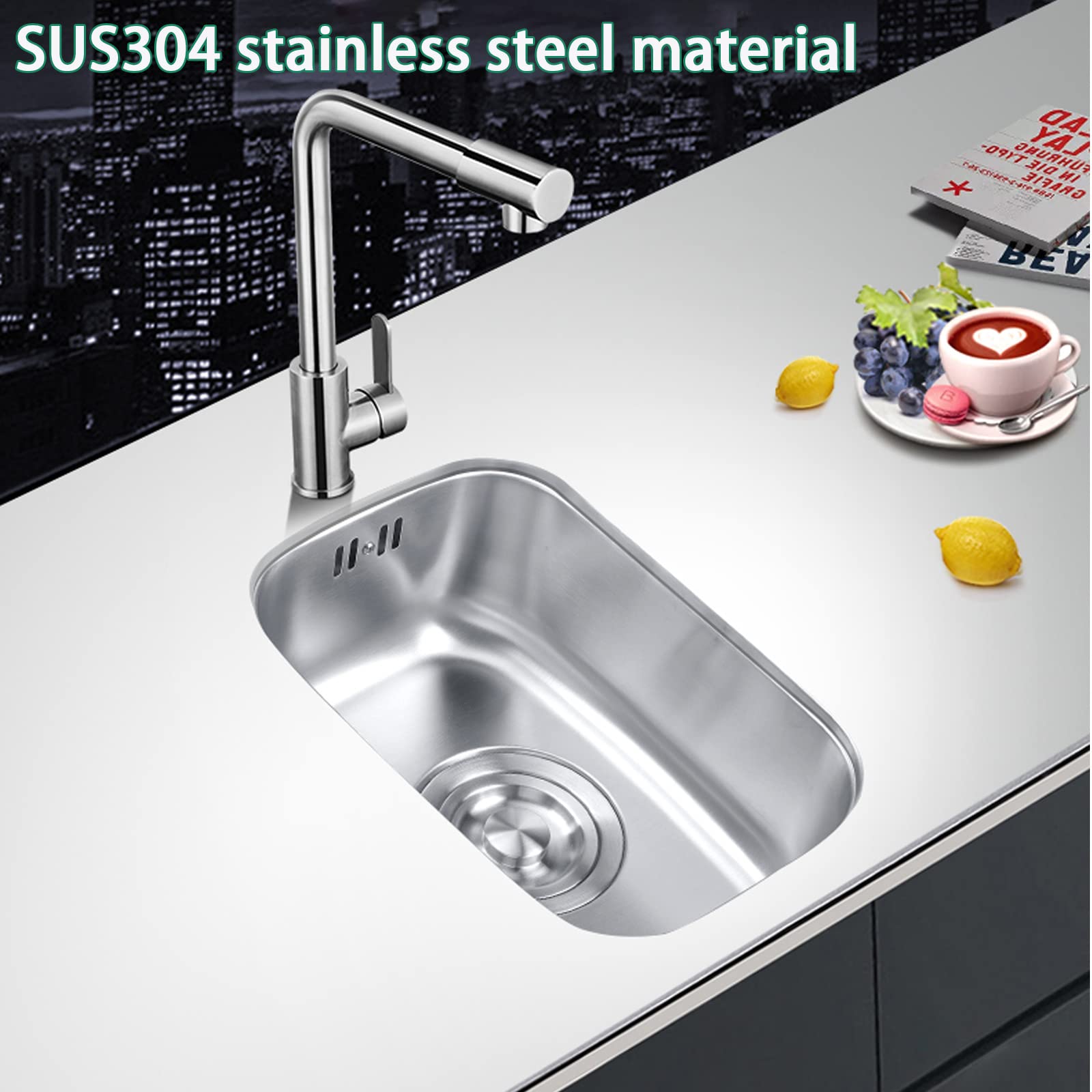 Lavello da Cucina Mono Vasca ad Incasso o da Appoggio Lavello da Balcone in Acciaio Inossidabile 304, Processo di Trafilatura con Rubinetto a 360 ° 32.2 * 22.2cm