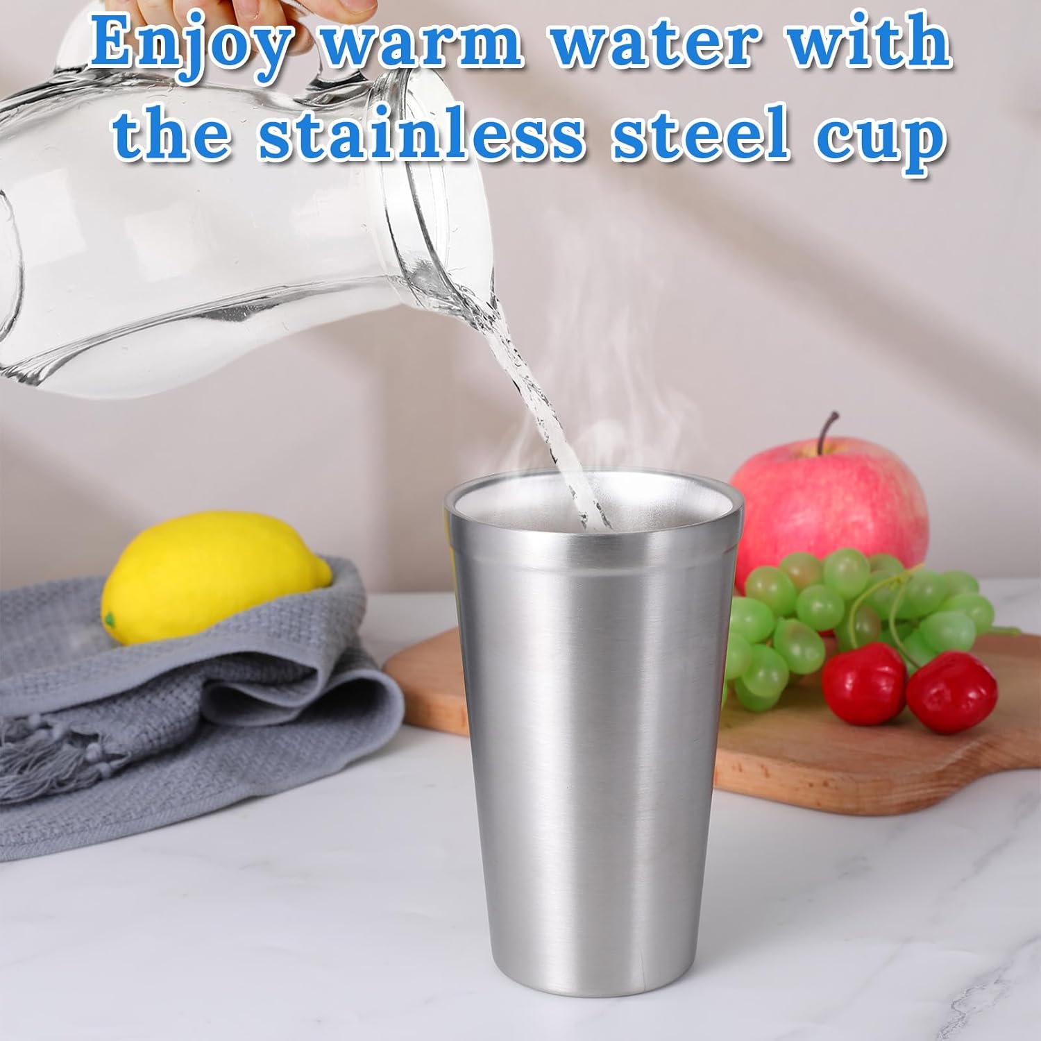 JJUNW 6 Pack Stainless Steel Cup 16 oz, Stackable Double Wall Vacuum Insulated Metal Drinking Glasses Reusable for Bbq Home Office Party Coffee