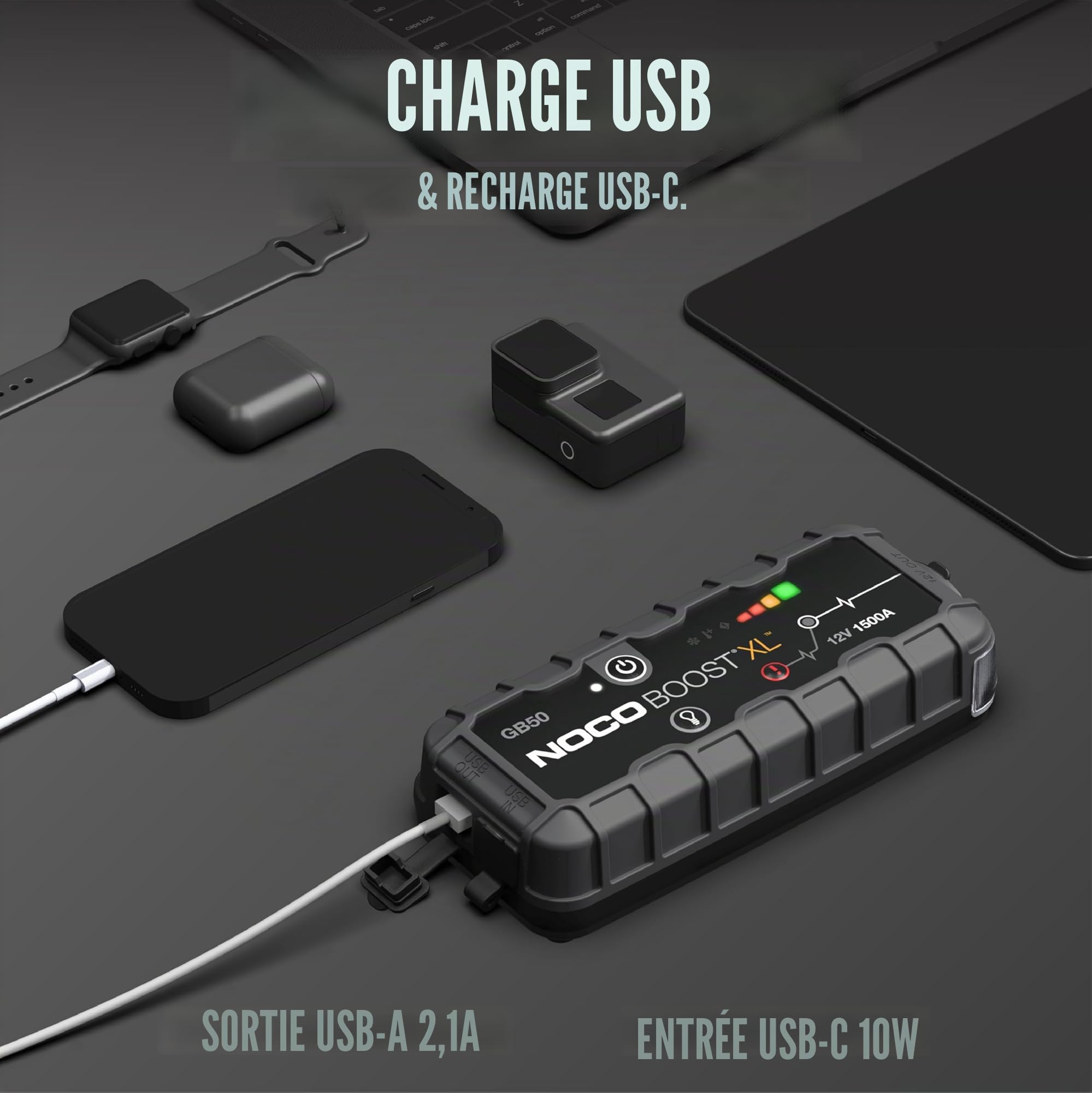NOCO Boost GB50: Booster Batterie UltraSafe 1500A – Démarreur Lithium 12V Portable avec Powerbank et Chargeur USB – pour Moteurs Essence 7,0L et Diesel 4,5L